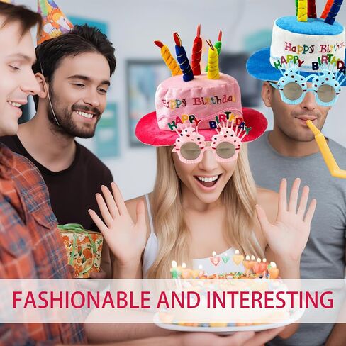 2 Pack Plush Birthday Hat, Unisex Adult Size Party Hats Accessories with 2 Pcs Sweet Cream Glasses for Birthday Party, Blue and Pink in Kuwait