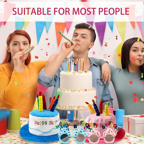 2 Pack Plush Birthday Hat, Unisex Adult Size Party Hats Accessories with 2 Pcs Sweet Cream Glasses for Birthday Party, Blue and Pink in Kuwait