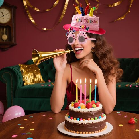 2 Pack Plush Birthday Hat, Unisex Adult Size Party Hats Accessories with 2 Pcs Sweet Cream Glasses for Birthday Party, Blue and Pink in Kuwait