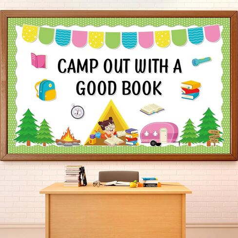 Camping Theme Bulletin Board Classroom Decorations Back to School Camper Paper Cutouts Camp Out Reading Book Bulletin Board for VBS Summer Camping Day Nursery Chalkboard Home Wall Door Supplies Decor in Saudi Arabia