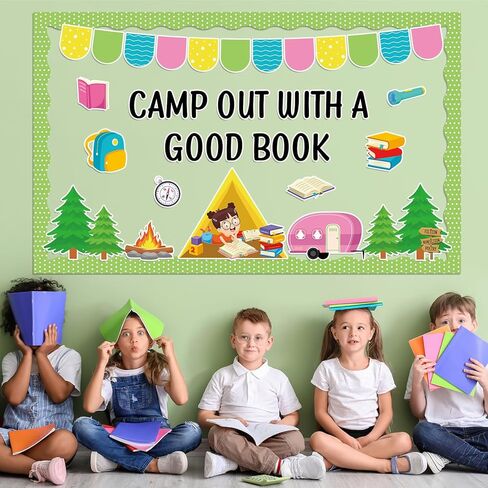 Camping Theme Bulletin Board Classroom Decorations Back to School Camper Paper Cutouts Camp Out Reading Book Bulletin Board for VBS Summer Camping Day Nursery Chalkboard Home Wall Door Supplies Decor in Saudi Arabia