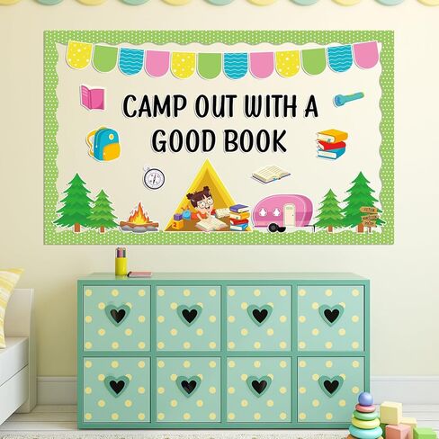 Camping Theme Bulletin Board Classroom Decorations Back to School Camper Paper Cutouts Camp Out Reading Book Bulletin Board for VBS Summer Camping Day Nursery Chalkboard Home Wall Door Supplies Decor in Saudi Arabia