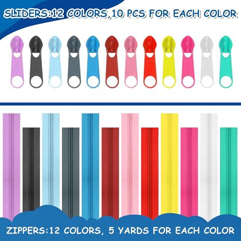 12 Pcs 60 Yards Colourful Zippers for Sewing #5 Nylon Coil Zippers 12 Color Assorted Zipper for Sewing with 120 Zipper Sliders for Women Men Sewings Supplies for Clothes, Bag,Purse Making Supplies Kit in Saudi Arabia