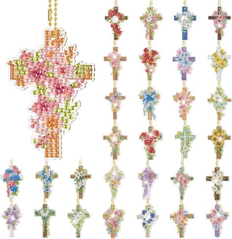 Huquary Diamond Art Sets for Adult, Christian Cross Spring Flower Diamond Painting Keychains Double Sided Diamonds Hanging Decoration for Beginners Craft and Religious Easter Gift in Saudi Arabia