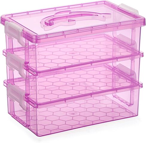 JUXYES 3-Tiers Stack Carry Storage Box with Handle, Transparent Stackable Storage Bin with Handle Lid Latching Storage Container for School & Office Supplies, Internal Size 20x12.5x6cm, Pink in Saudi Arabia