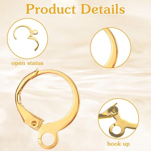 1 Box 100Pcs Leverback Earring Hooks, 18K Gold Plated Stainless Steel Leverback Hooks Round Dangle Earwires with Open Loop Ear Wire Clip Earring Connector for Jewelry Making Earrings Findings in Kuwait