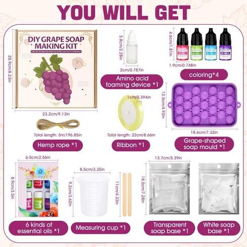 Soap Making Kit for Adults, Grape Soap Complete Accessories Contains Mould Soap Base Color Essential Oil Realistic and Beautiful Appearance Safe and Reliable Ingredients Perfect Handmade Gift in Saudi Arabia