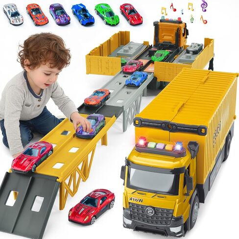 Truck Track Kids Toy Set, Foldable Three-Tier Container Track Toy Car Set with 6 Alloy Cars and Sound Light Effects, Suitable for Boys and Girls Aged 3 4 5 6 7 8+ Christmas Birthday Gift Toys -Yellow in Saudi Arabia