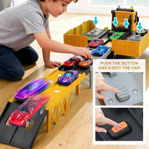 Truck Track Kids Toy Set, Foldable Three-Tier Container Track Toy Car Set with 6 Alloy Cars and Sound Light Effects, Suitable for Boys and Girls Aged 3 4 5 6 7 8+ Christmas Birthday Gift Toys -Yellow in Saudi Arabia