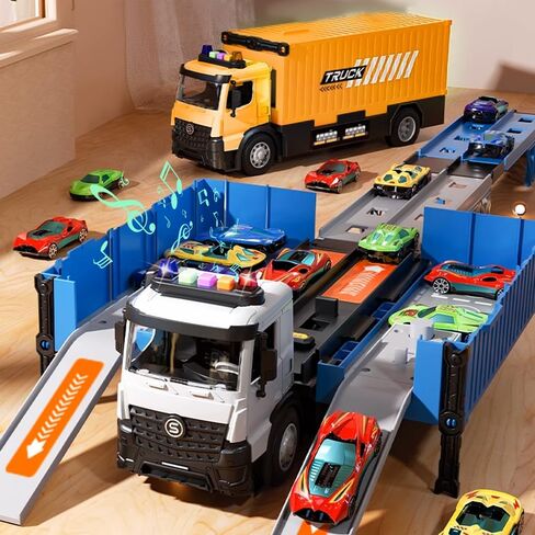 Truck Track Kids Toy Set, Foldable Three-Tier Container Track Toy Car Set with 6 Alloy Cars and Sound Light Effects, Suitable for Boys and Girls Aged 3 4 5 6 7 8+ Christmas Birthday Gift Toys -Yellow in Saudi Arabia