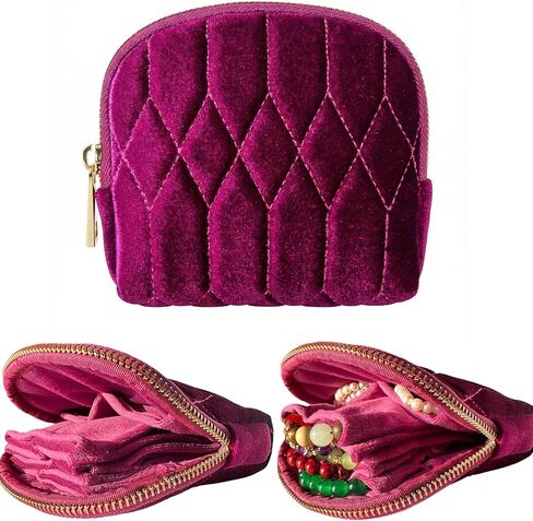 حقيبة مجوهرات صغيرة للسفر، حقيبة مجوهرات صغيرة للسفر لخواتم الأساور وحقيبة سفر للمجوهرات مع أكياس مجوهرات مخملية مكونة من 5 طبقات وإكسسوارات مجوهرات وحقيبة مجوهرات للسفر (بنفسجي وردي) in Kuwait