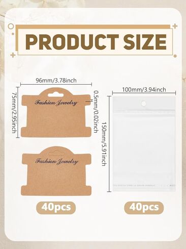 40Pcs Jewelry Display Hanging Cards, Cardboard Display Cards with Film Bags Blank Paper Jewelry Displaying Tags Multipurpose Displaying Carding for Hair Ties Bracelet Necklace, 75x96x0.5mm in Saudi Arabia