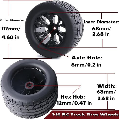 Preglued 12mm Hex RC Wheels Tires 1/10 Scale RC Truck Tires and Wheels 2.8" MT Tyres for Traxxas Rustler Stampede 2WD 4x4 VXL Hoss E-Revo Redcat Volcano EPX Riaario Amoril 1-10 RC Monster Truck in Saudi Arabia