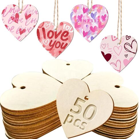 MEMOVAN 2" Wood Heart Cutouts 50PCS Natural Heart Wood Slices DIY Heart Wooden Ornaments Embellishments Blank Heart Slice with Rope Wooden Hearts for Crafts Valentine Wedding Thanksgiving Birthday in Kuwait