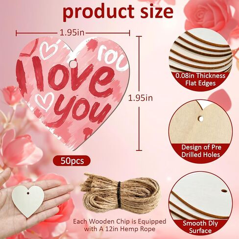 MEMOVAN 2" Wood Heart Cutouts 50PCS Natural Heart Wood Slices DIY Heart Wooden Ornaments Embellishments Blank Heart Slice with Rope Wooden Hearts for Crafts Valentine Wedding Thanksgiving Birthday in Kuwait