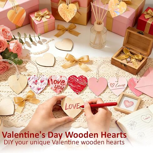 MEMOVAN 2" Wood Heart Cutouts 50PCS Natural Heart Wood Slices DIY Heart Wooden Ornaments Embellishments Blank Heart Slice with Rope Wooden Hearts for Crafts Valentine Wedding Thanksgiving Birthday in Kuwait