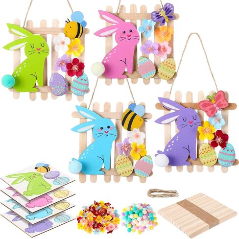 Geelin 24 Set Easter Craft Kits DIY Wooden Bunny Egg Bee Butterfly Ornaments with Artificial Flowers and Stick Make You Own Easter Handmade Artwork for Spring Party Favors Home Activity Decoration in Saudi Arabia