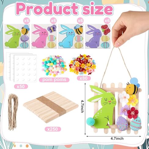 Geelin 24 Set Easter Craft Kits DIY Wooden Bunny Egg Bee Butterfly Ornaments with Artificial Flowers and Stick Make You Own Easter Handmade Artwork for Spring Party Favors Home Activity Decoration in Saudi Arabia