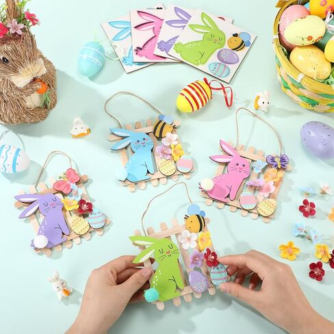 Geelin 24 Set Easter Craft Kits DIY Wooden Bunny Egg Bee Butterfly Ornaments with Artificial Flowers and Stick Make You Own Easter Handmade Artwork for Spring Party Favors Home Activity Decoration in Saudi Arabia