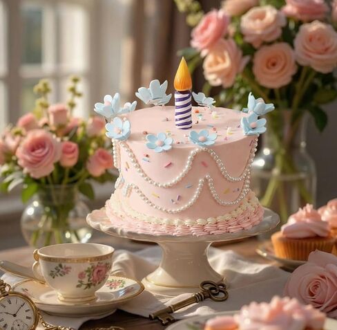 Bucherry 21 Pcs Wonderland Cake Decoration Party Supplies Favors Wonderland Tea Party Birthday Cake Topper Blue Flower Pearl Garland Candle Insert for Baby Shower Tea Supplies Decorations in Saudi Arabia