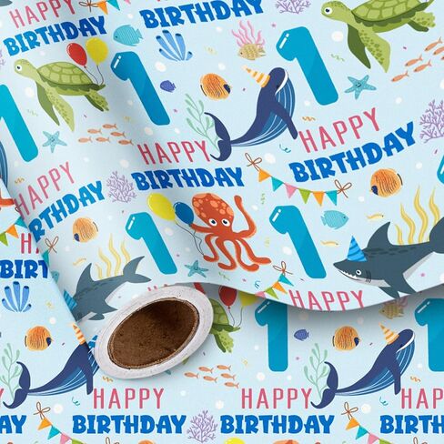 LeZakaa 1st Birthday Wrapping Paper Roll for Baby Boys, Sea Animals Age1 Ocean Shark Turtle Seaweed Design Gift Wrap for Toddlers, First Birthday Party, Mini Roll 17 In x 16.4 Feet in Saudi Arabia