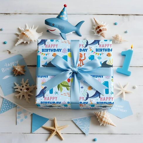 LeZakaa 1st Birthday Wrapping Paper Roll for Baby Boys, Sea Animals Age1 Ocean Shark Turtle Seaweed Design Gift Wrap for Toddlers, First Birthday Party, Mini Roll 17 In x 16.4 Feet in Saudi Arabia