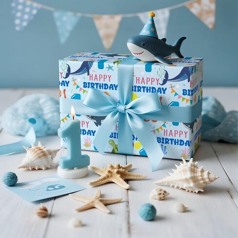 LeZakaa 1st Birthday Wrapping Paper Roll for Baby Boys, Sea Animals Age1 Ocean Shark Turtle Seaweed Design Gift Wrap for Toddlers, First Birthday Party, Mini Roll 17 In x 16.4 Feet in Saudi Arabia