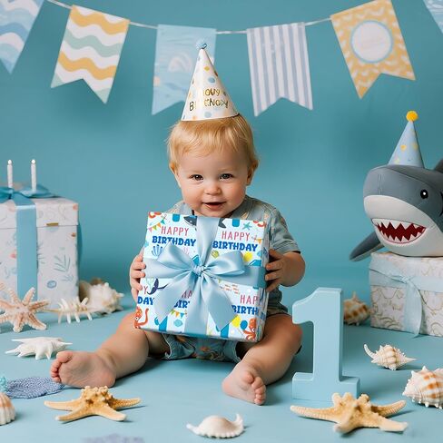 LeZakaa 1st Birthday Wrapping Paper Roll for Baby Boys, Sea Animals Age1 Ocean Shark Turtle Seaweed Design Gift Wrap for Toddlers, First Birthday Party, Mini Roll 17 In x 16.4 Feet in Saudi Arabia