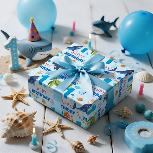 LeZakaa 1st Birthday Wrapping Paper Roll for Baby Boys, Sea Animals Age1 Ocean Shark Turtle Seaweed Design Gift Wrap for Toddlers, First Birthday Party, Mini Roll 17 In x 16.4 Feet in Saudi Arabia
