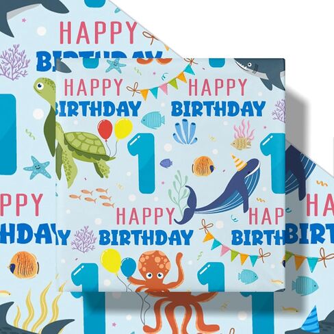 LeZakaa 1st Birthday Wrapping Paper Roll for Baby Boys, Sea Animals Age1 Ocean Shark Turtle Seaweed Design Gift Wrap for Toddlers, First Birthday Party, Mini Roll 17 In x 16.4 Feet in Saudi Arabia