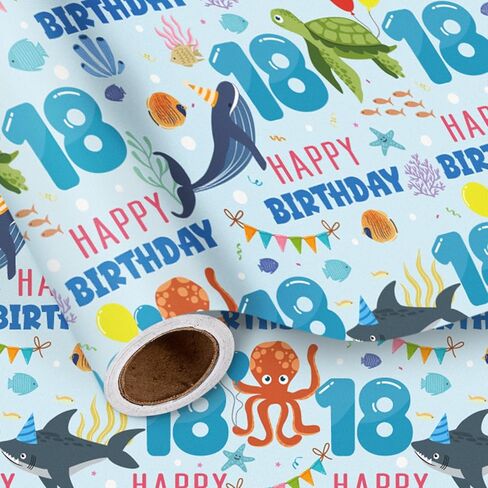 LeZakaa 1st Birthday Wrapping Paper Roll for Baby Boys, Sea Animals Age1 Ocean Shark Turtle Seaweed Design Gift Wrap for Toddlers, First Birthday Party, Mini Roll 17 In x 16.4 Feet in Saudi Arabia