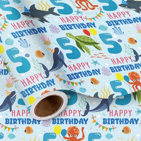 LeZakaa 1st Birthday Wrapping Paper Roll for Baby Boys, Sea Animals Age1 Ocean Shark Turtle Seaweed Design Gift Wrap for Toddlers, First Birthday Party, Mini Roll 17 In x 16.4 Feet in Saudi Arabia