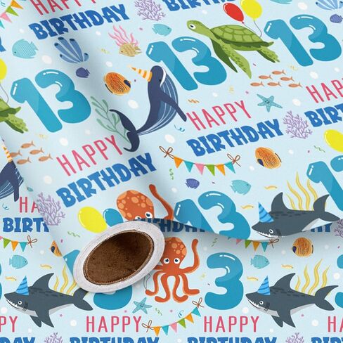LeZakaa 1st Birthday Wrapping Paper Roll for Baby Boys, Sea Animals Age1 Ocean Shark Turtle Seaweed Design Gift Wrap for Toddlers, First Birthday Party, Mini Roll 17 In x 16.4 Feet in Saudi Arabia