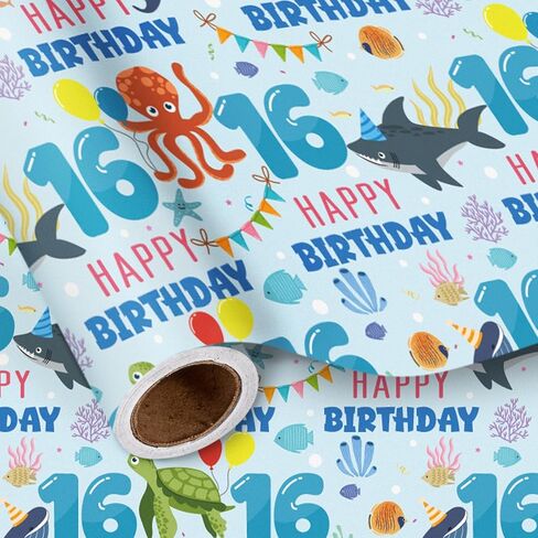 LeZakaa 1st Birthday Wrapping Paper Roll for Baby Boys, Sea Animals Age1 Ocean Shark Turtle Seaweed Design Gift Wrap for Toddlers, First Birthday Party, Mini Roll 17 In x 16.4 Feet in Saudi Arabia