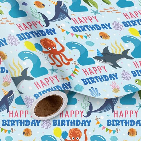 LeZakaa 1st Birthday Wrapping Paper Roll for Baby Boys, Sea Animals Age1 Ocean Shark Turtle Seaweed Design Gift Wrap for Toddlers, First Birthday Party, Mini Roll 17 In x 16.4 Feet in Saudi Arabia