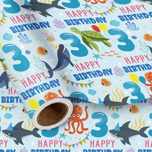 LeZakaa 1st Birthday Wrapping Paper Roll for Baby Boys, Sea Animals Age1 Ocean Shark Turtle Seaweed Design Gift Wrap for Toddlers, First Birthday Party, Mini Roll 17 In x 16.4 Feet in Saudi Arabia
