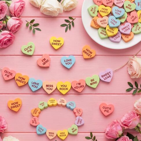 Lyrow 320 Pcs Valentine's Day Wooden Heart Beads Conversation Hearts Beads 16 mm Heart Shaped Candy Spacer Bead for DIY Ornaments Craft Making Necklace Rainbow Bracelet (Pastel) in Saudi Arabia