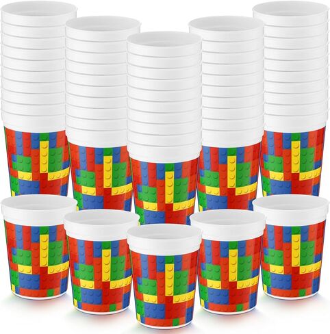 Yungyan 48 Pcs 16oz Building Block Plastic Cups Building Block Birthday Party Supplies Reusable Colorful Drink Cups for Party Celebration Cartoon Carnival Decoration in Saudi Arabia
