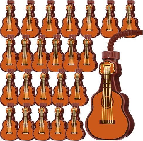 Tanlade 24 Pcs 10 oz Guitar Shaped Cups Bulk with Straw Plastic Guitar Cups Musical Theme Party Drinking Bottles Rock 80s Supplies for Music Birthday Party Carnival Decoration in Saudi Arabia
