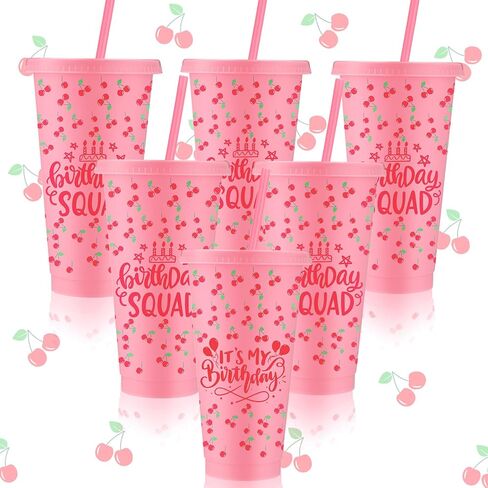 6 Pcs Cherry Birthday Party Cups 24 oz Cherry Party Favors Cups Reusable Plastic Birthday Squad Tumbler with Lids and Straws for 16th 18th Berry Fruit Theme Galentine's Decorations Favors in Saudi Arabia