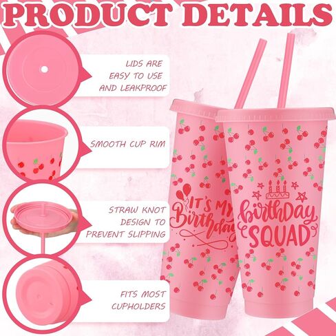 6 Pcs Cherry Birthday Party Cups 24 oz Cherry Party Favors Cups Reusable Plastic Birthday Squad Tumbler with Lids and Straws for 16th 18th Berry Fruit Theme Galentine's Decorations Favors in Saudi Arabia