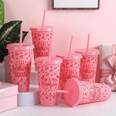 6 Pcs Cherry Birthday Party Cups 24 oz Cherry Party Favors Cups Reusable Plastic Birthday Squad Tumbler with Lids and Straws for 16th 18th Berry Fruit Theme Galentine's Decorations Favors in Saudi Arabia