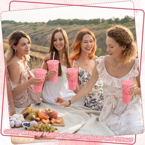 6 Pcs Cherry Birthday Party Cups 24 oz Cherry Party Favors Cups Reusable Plastic Birthday Squad Tumbler with Lids and Straws for 16th 18th Berry Fruit Theme Galentine's Decorations Favors in Saudi Arabia