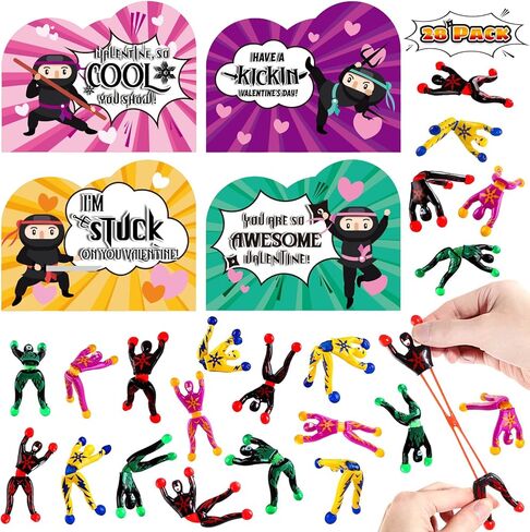 Letapapa 28 Pack Valentine's Day Cards for Kids with Sticky Wall Climbing Men Ninja Toys, Valentines Greeting Cards for Boys Girls School Classroom Gifts Exchange, Valentine's Prizes Party Favors in Saudi Arabia