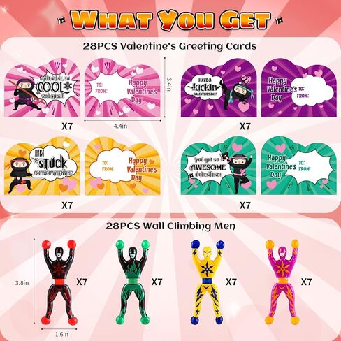 Letapapa 28 Pack Valentine's Day Cards for Kids with Sticky Wall Climbing Men Ninja Toys, Valentines Greeting Cards for Boys Girls School Classroom Gifts Exchange, Valentine's Prizes Party Favors in Saudi Arabia