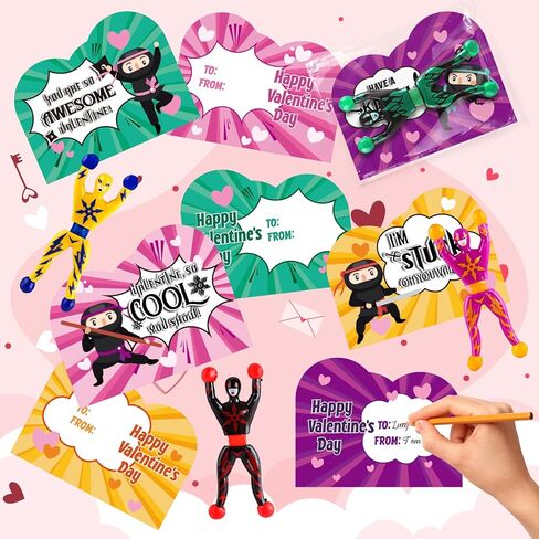 Letapapa 28 Pack Valentine's Day Cards for Kids with Sticky Wall Climbing Men Ninja Toys, Valentines Greeting Cards for Boys Girls School Classroom Gifts Exchange, Valentine's Prizes Party Favors in Saudi Arabia