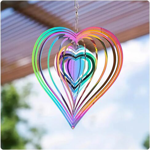 Rainbow 4 inch Diameter Heart Pattern Wind Chimes Ornament 3D Wind Wheel Flow Effect Metal Garden Decoration for Garden Yard in Saudi Arabia