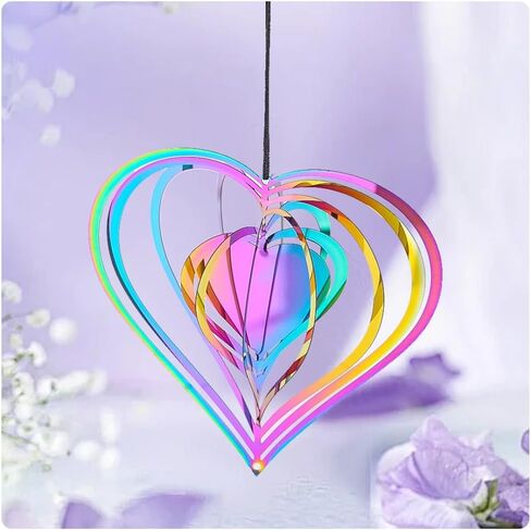 Rainbow 4 inch Diameter Heart Pattern Wind Chimes Ornament 3D Wind Wheel Flow Effect Metal Garden Decoration for Garden Yard in Saudi Arabia