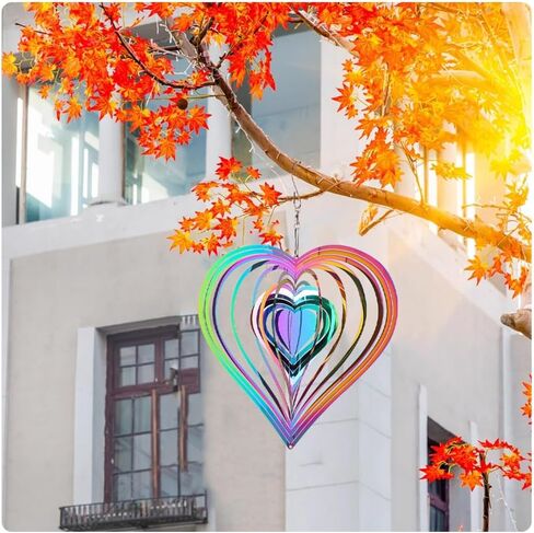 Rainbow 4 inch Diameter Heart Pattern Wind Chimes Ornament 3D Wind Wheel Flow Effect Metal Garden Decoration for Garden Yard in Saudi Arabia