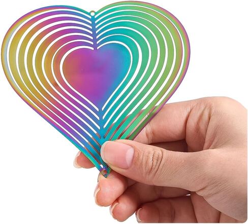 Rainbow 4 inch Diameter Heart Pattern Wind Chimes Ornament 3D Wind Wheel Flow Effect Metal Garden Decoration for Garden Yard in Saudi Arabia